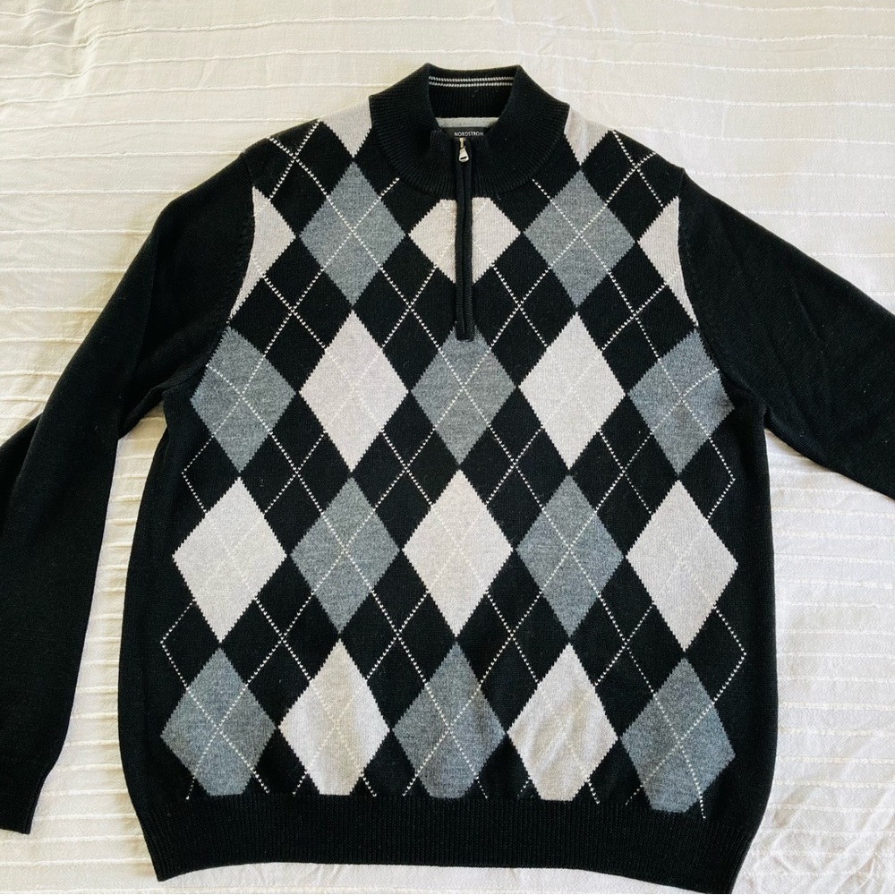 Nordstrom Black and Gray Argyle Sweater
Extra Fine Merino Wool